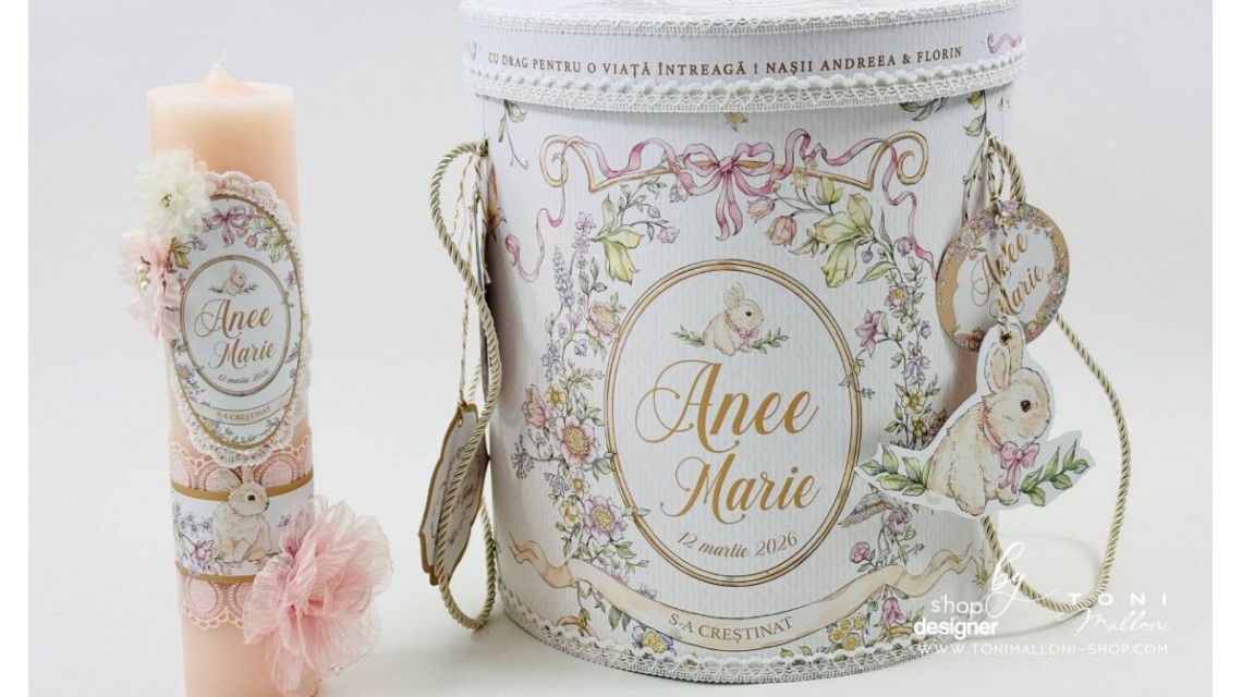 Lumânare Botez Fetiță Belle Époque cu Iepuraș Floral Lumânare Stâlp 30 cm H × 7 cm 6